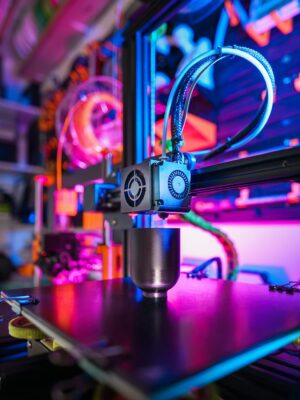 A close-up of a modern 3D printer in action, illuminated by vibrant, colorful lighting indoors.